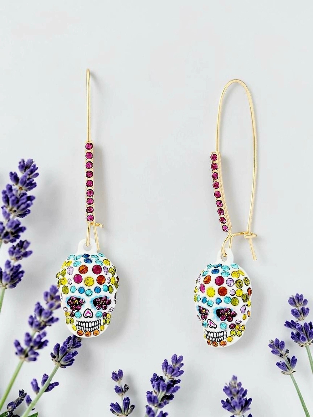 NEW Betsey Johnson Faux-Stone Iconic Sugar Skull Dangle Earrings 1-3/4" NWT